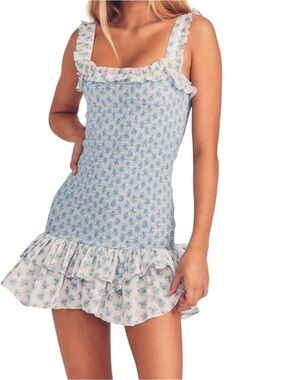 LoveShackFancy Light Blue Floral Smocked Mini Dress